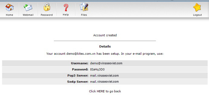 Tạo email thành công với các thông tin