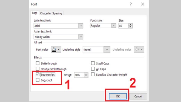 Chọn Superscript → Nhấn OK