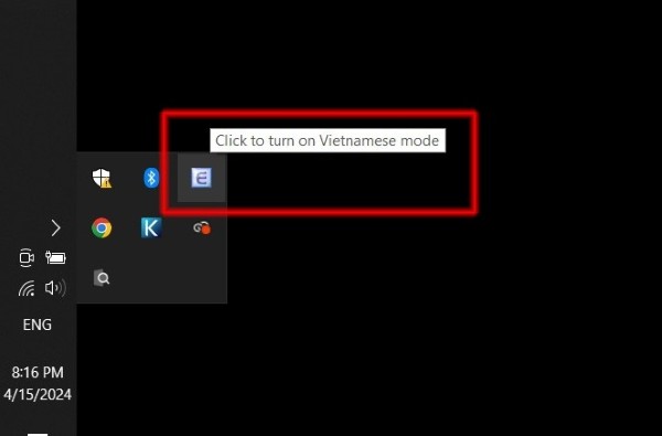 Nhấn vào biểu tượng chữ chữ E (English) để chuyển sang chế độ gõ tiếng Việt